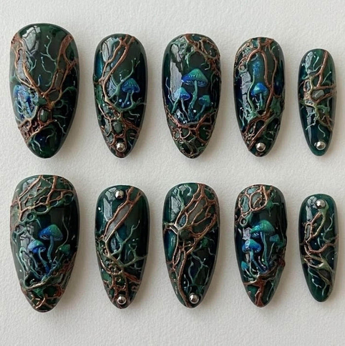 Dark Green Mushroom Press-On Nails with Raised Copper Woodland Details
