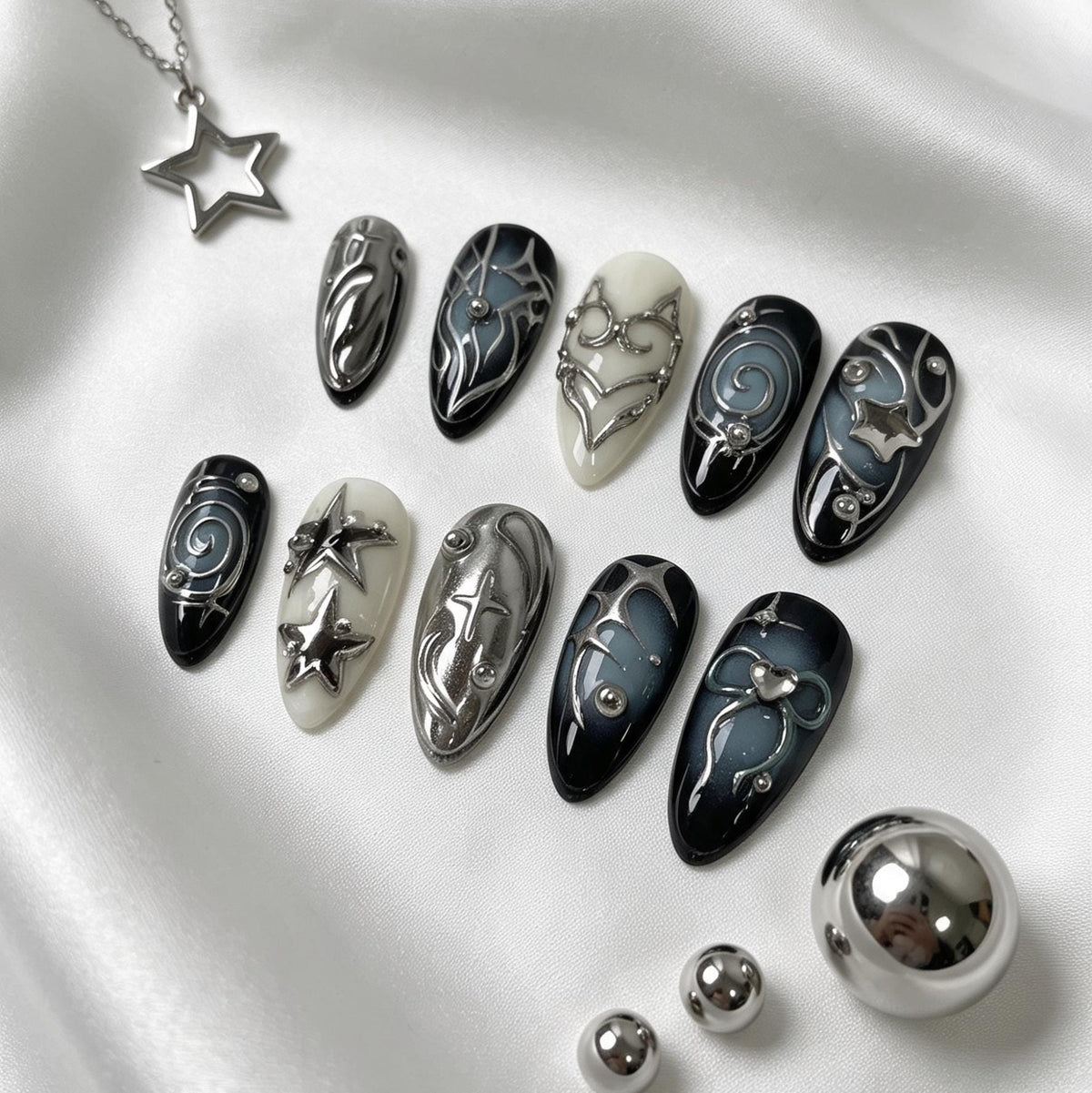 Dark Navy and Silver Chrome Star Swirl Press-On Nail Set