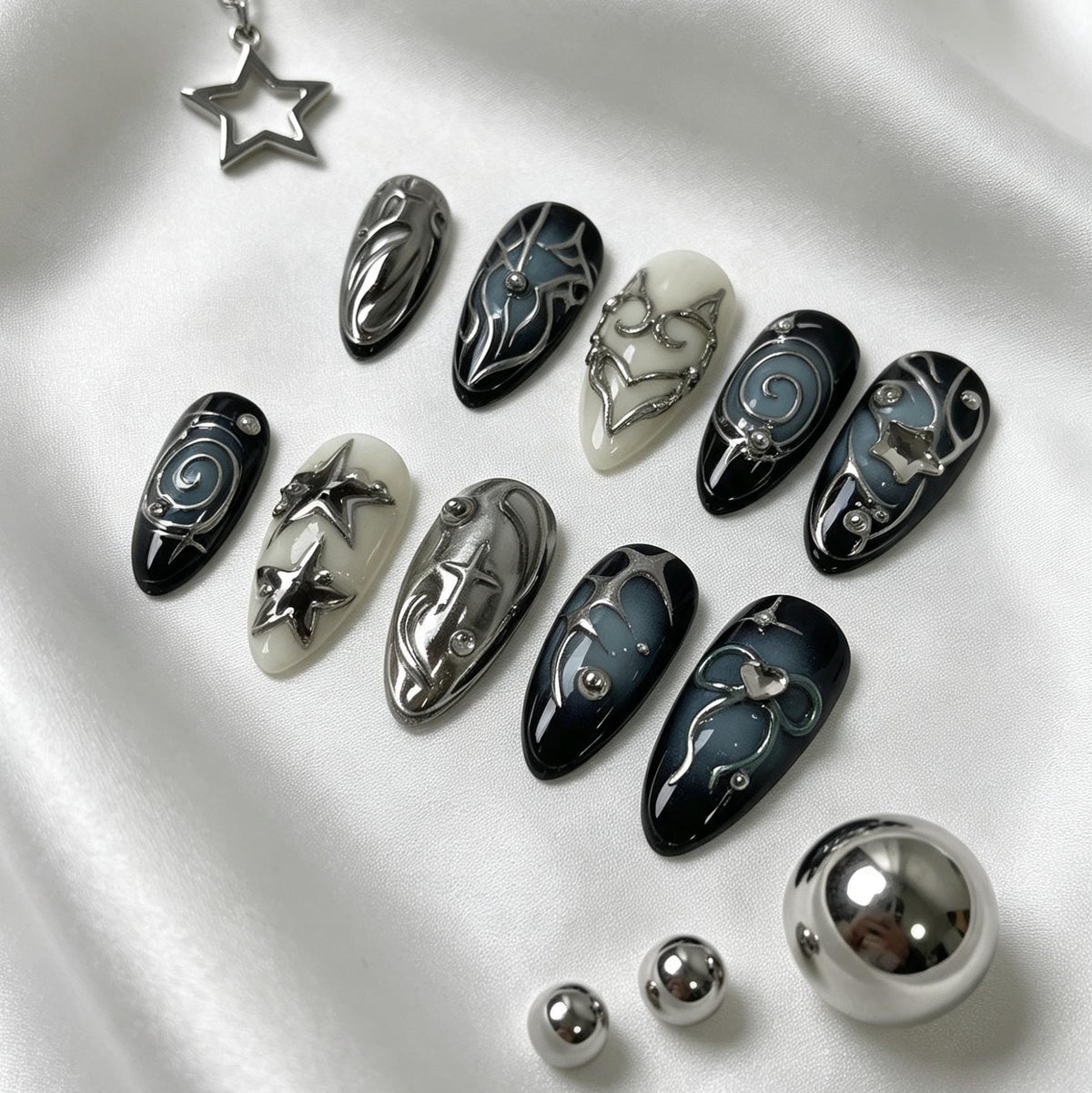 Dark Navy and Silver Chrome Star Swirl Press-On Nail Set