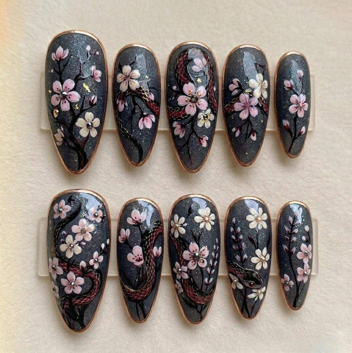 Dark Sakura Snake and Cherry Blossom Press On Nail Set with Gold Edging