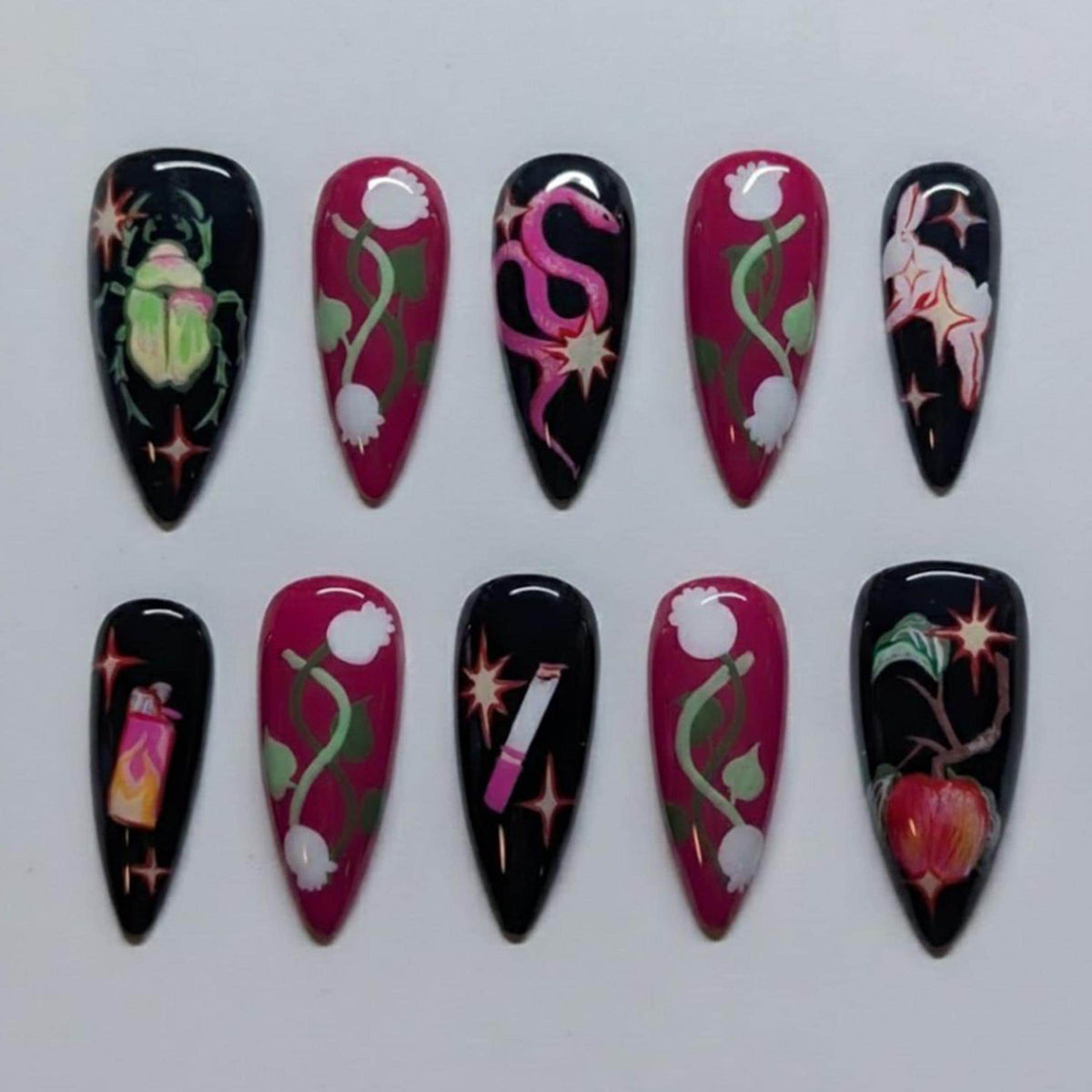 Dark Surrealist Black and Magenta Nail Set with Snake, Beetle and Floral Art