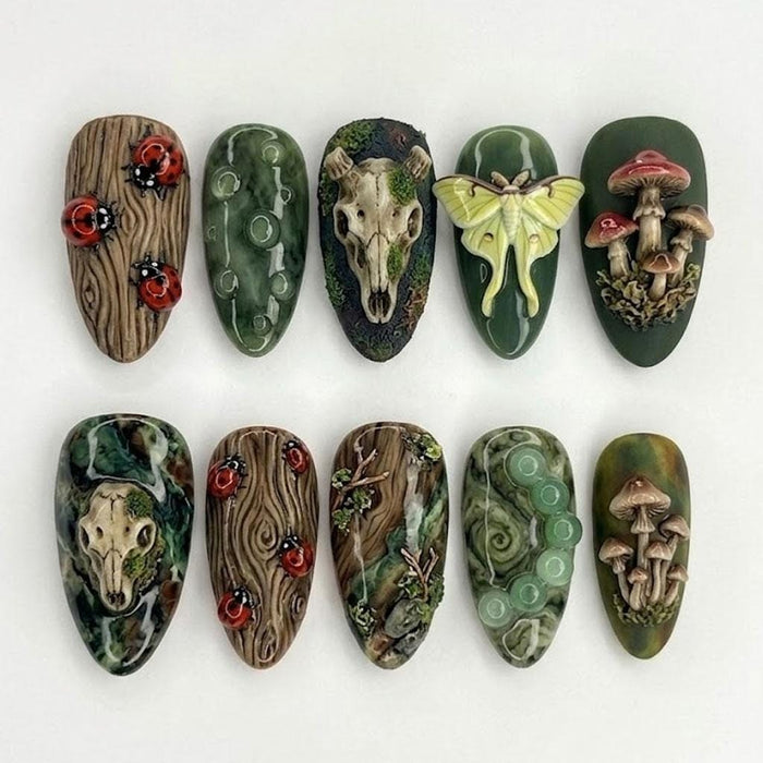 Dark Woodland Press On Nails with 3D Mushrooms, Moth, Skulls and Ladybugs