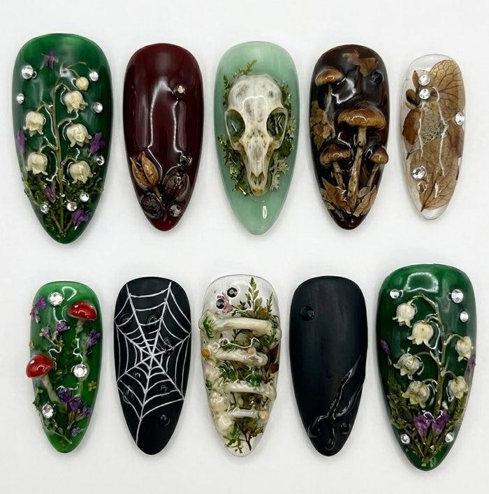 Dark Woodland Specimen Press On Nail Set With Mushrooms, Skulls and Spiderweb