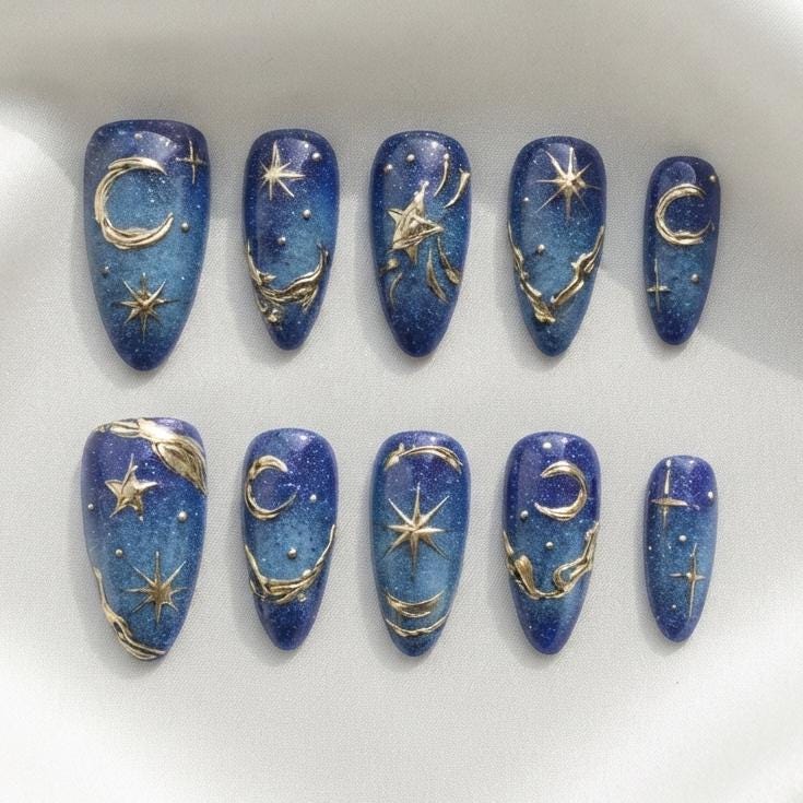 Deep Blue Celestial Press-On Nails With Gold Moons, Stars, and Shimmer