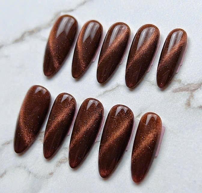 Deep Chocolate Brown Cat Eye Press On Nails
