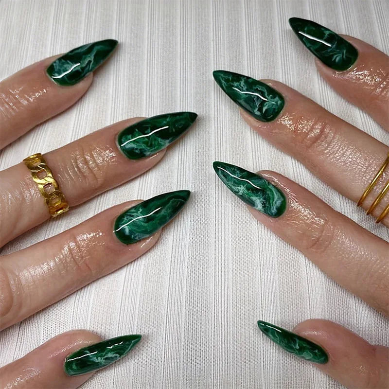 Deep Emerald Green Marble Press On Nails