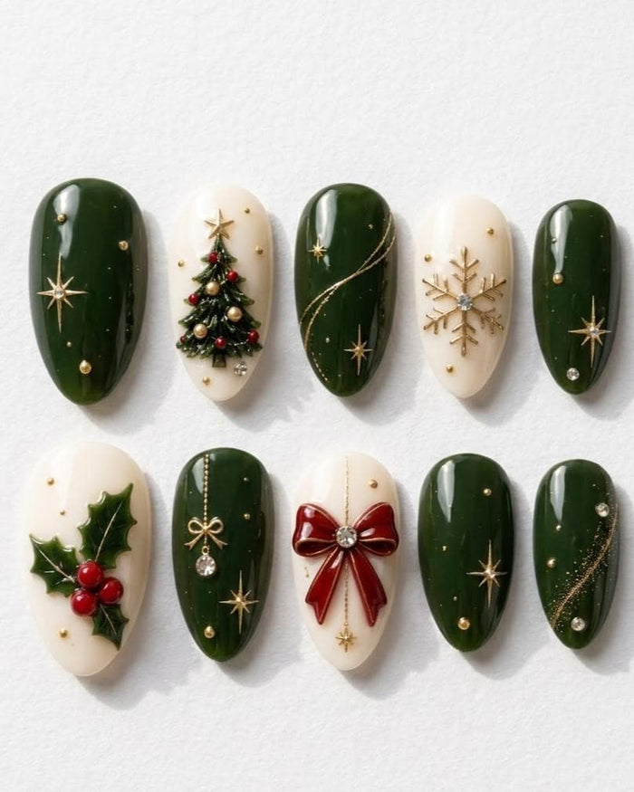 Deep Green and Ivory Christmas Press On Nails With 3D Tree, Snowflake, Holly, and Red Bow