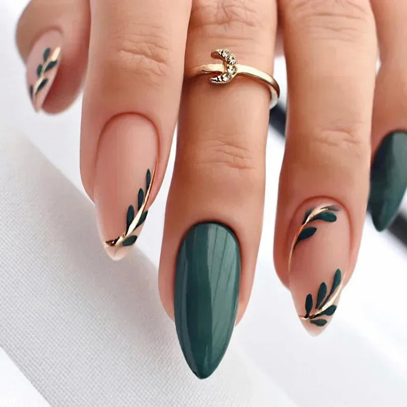 Deep Green Leafy Press On Nails with Gold Accents