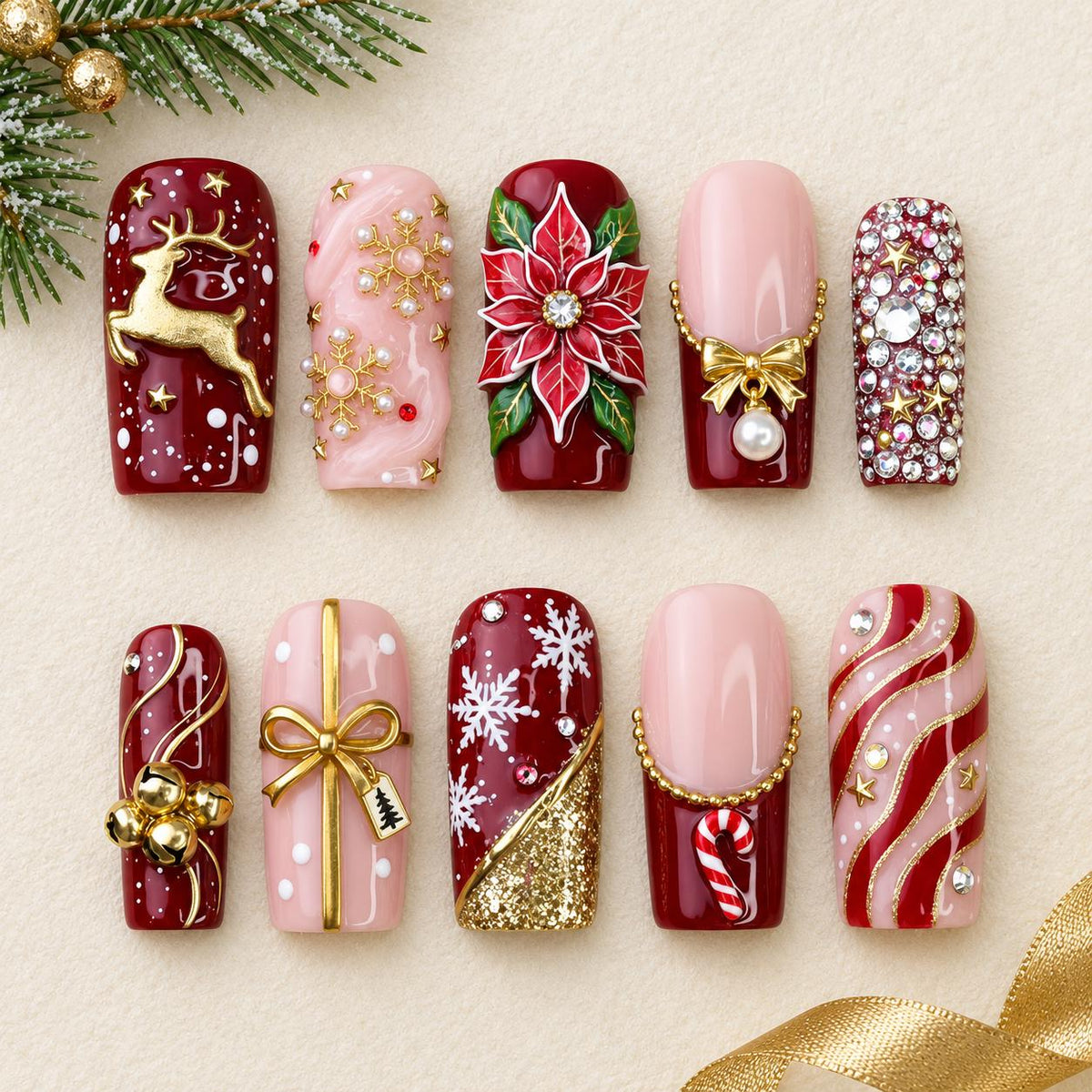 Deep Red and Blush Christmas Press-On Nails With Reindeer, Poinsettia and Candy Canes