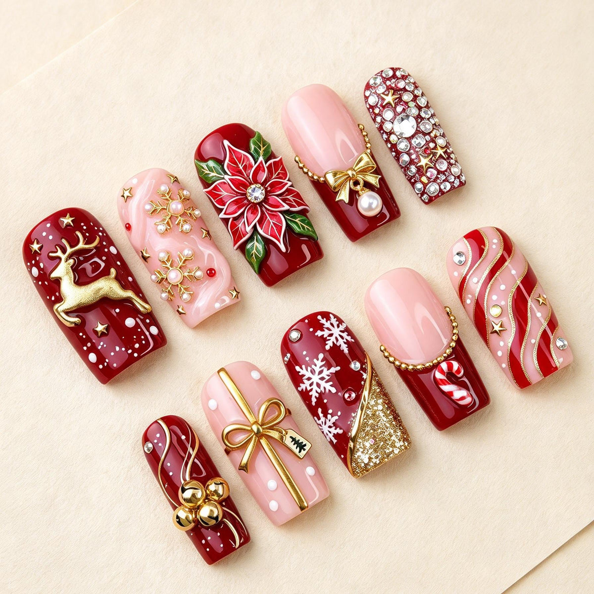 Deep Red and Blush Christmas Press-On Nails With Reindeer, Poinsettia and Candy Canes