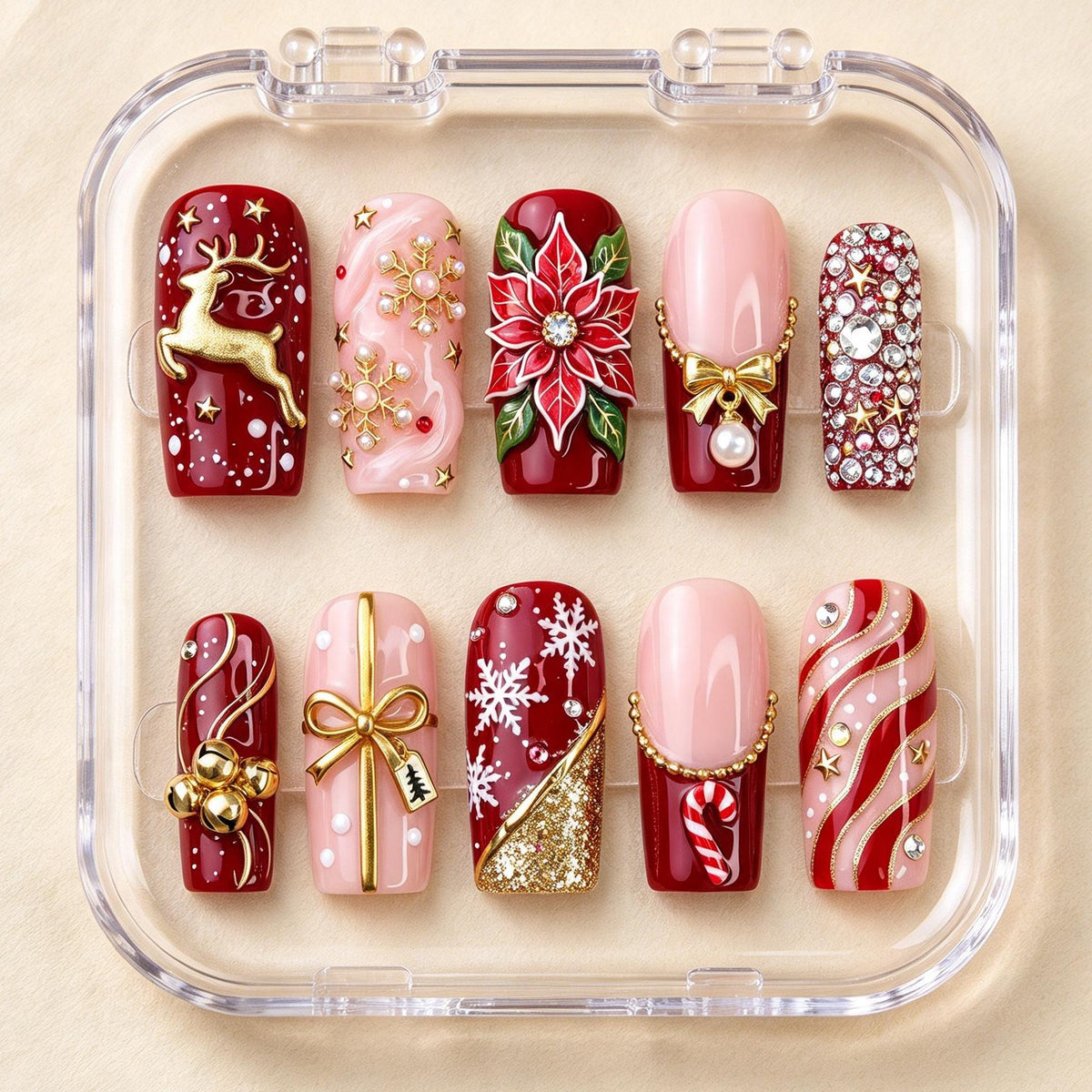 Deep Red and Blush Christmas Press-On Nails With Reindeer, Poinsettia and Candy Canes