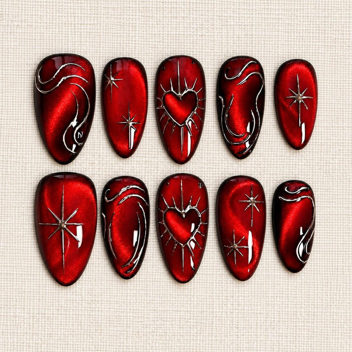 Deep Red Cat Eye Press On Nails with Silver Chrome Swirls, Starbursts and Hearts, Gothic Y2K