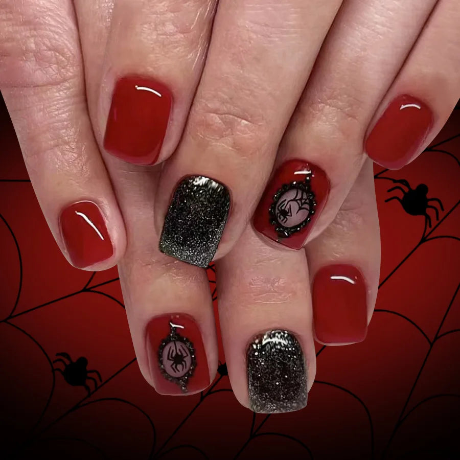 Deep Rust Red Halloween Nails With Spiderweb Art and Black Silver Glitter