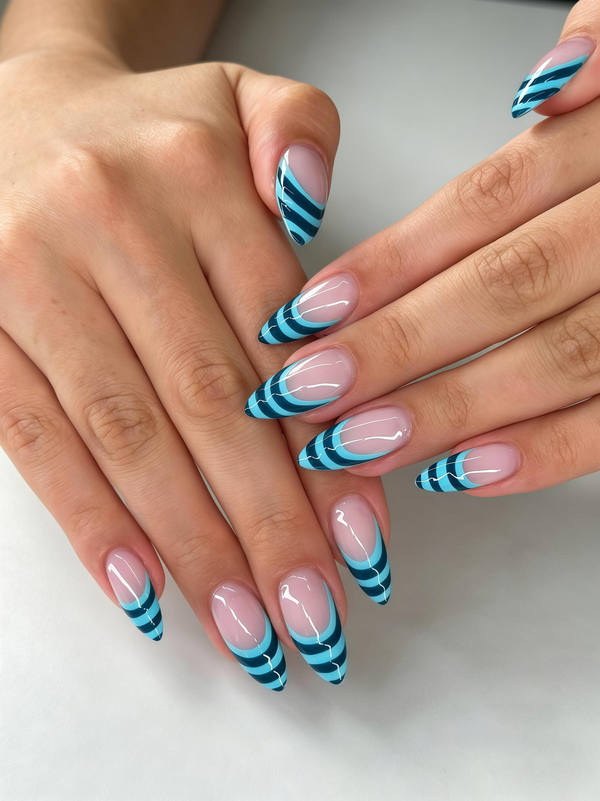 Deep Teal and Aqua Striped French Tip Nail Set