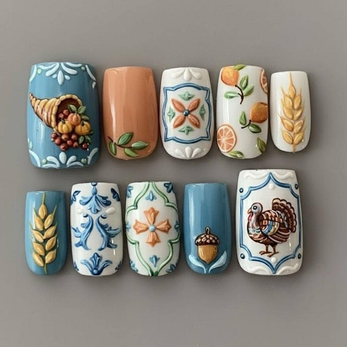 Delft Blue Thanksgiving Press On Nail Set With 3D Turkey, Cornucopia, and Harvest Motifs