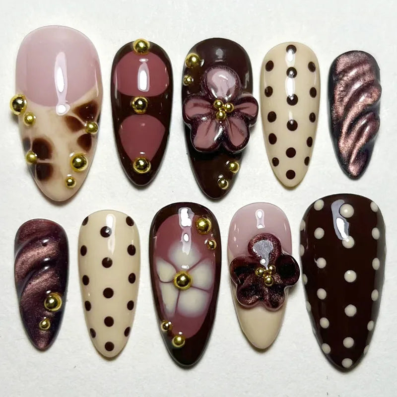 Dusty Mauve, Brown and Cream Polka Dot Flower Nail Set
