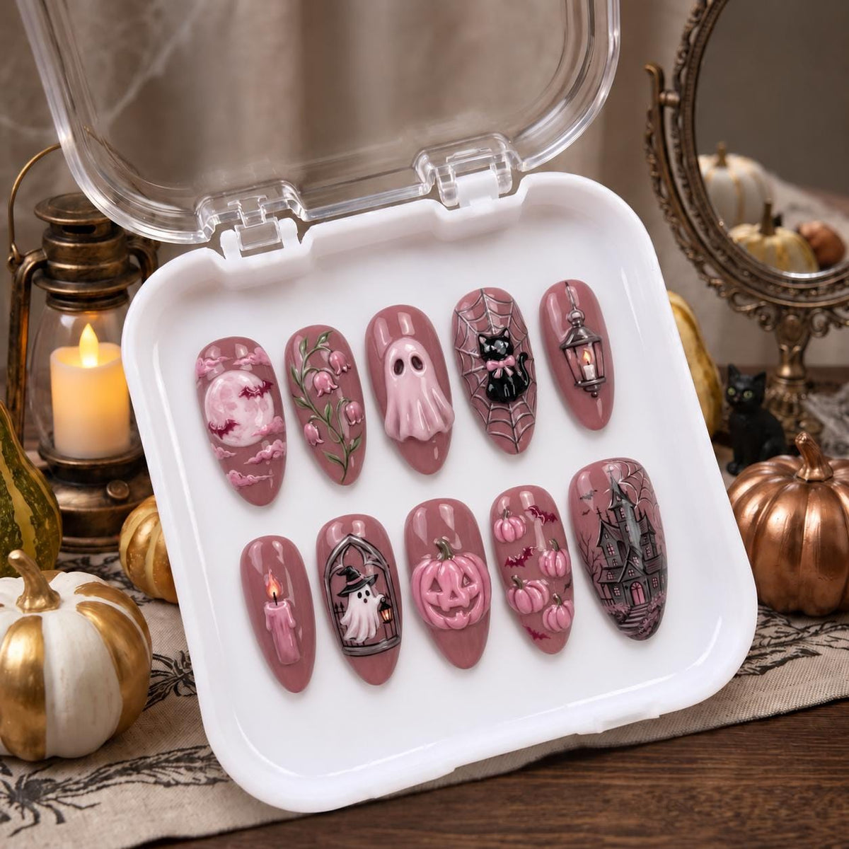 Dusty Mauve Halloween Nail Set with 3D Ghost, Pumpkins, Black Cat and Haunted House