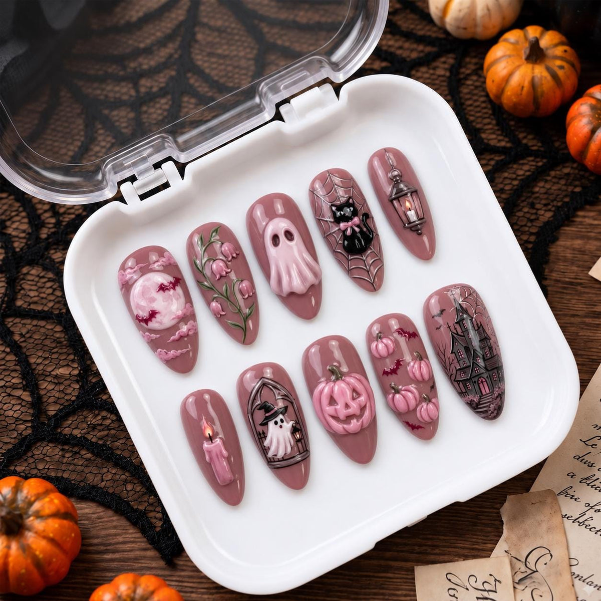Dusty Mauve Halloween Nail Set with 3D Ghost, Pumpkins, Black Cat and Haunted House