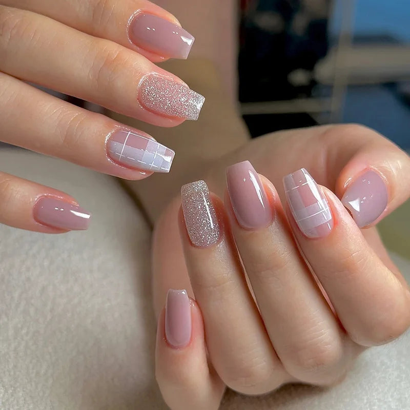 Dusty Mauve Plaid and Silver Glitter Nail Set