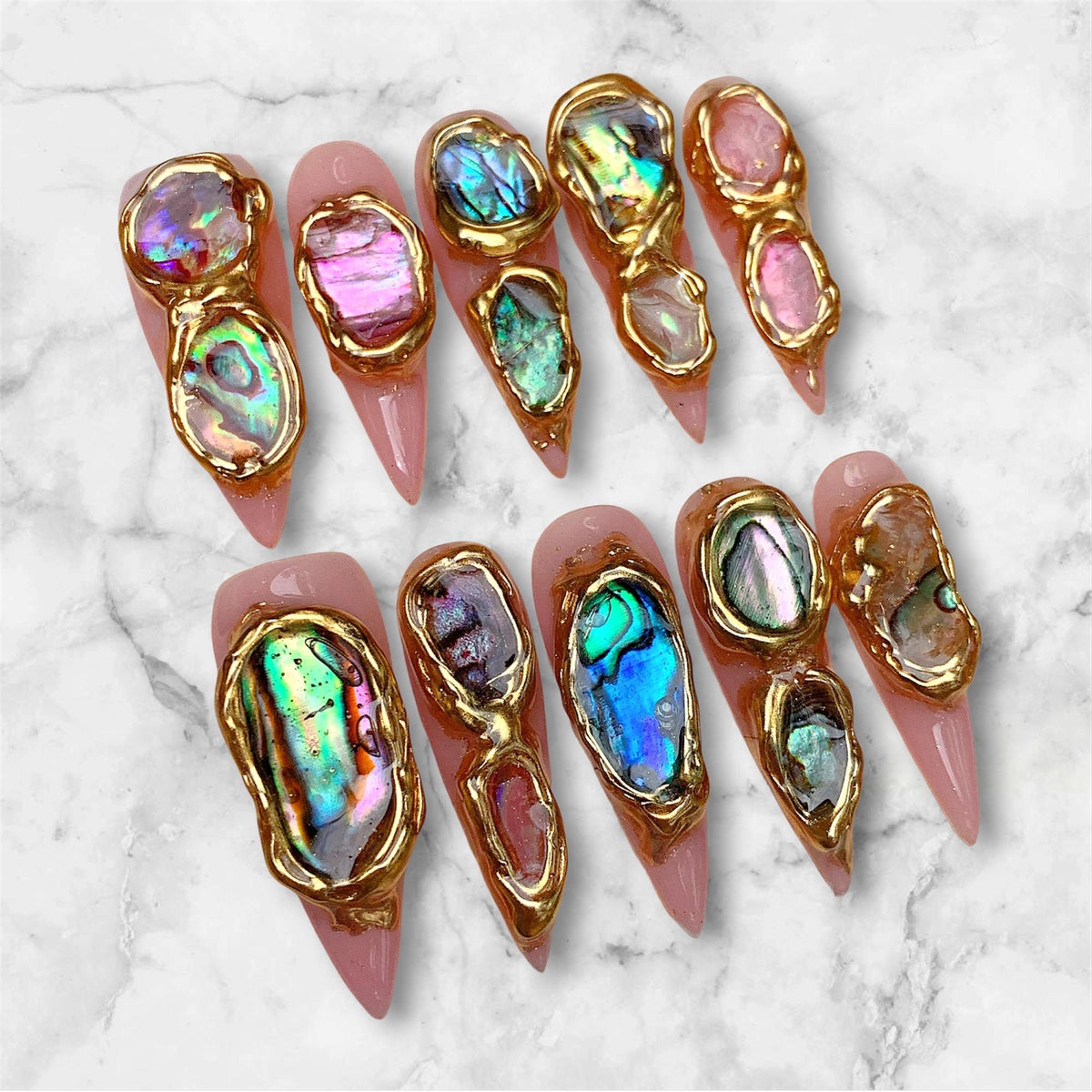 Dusty Pink Abalone Shell Press On Nails with Raised Gold Frames
