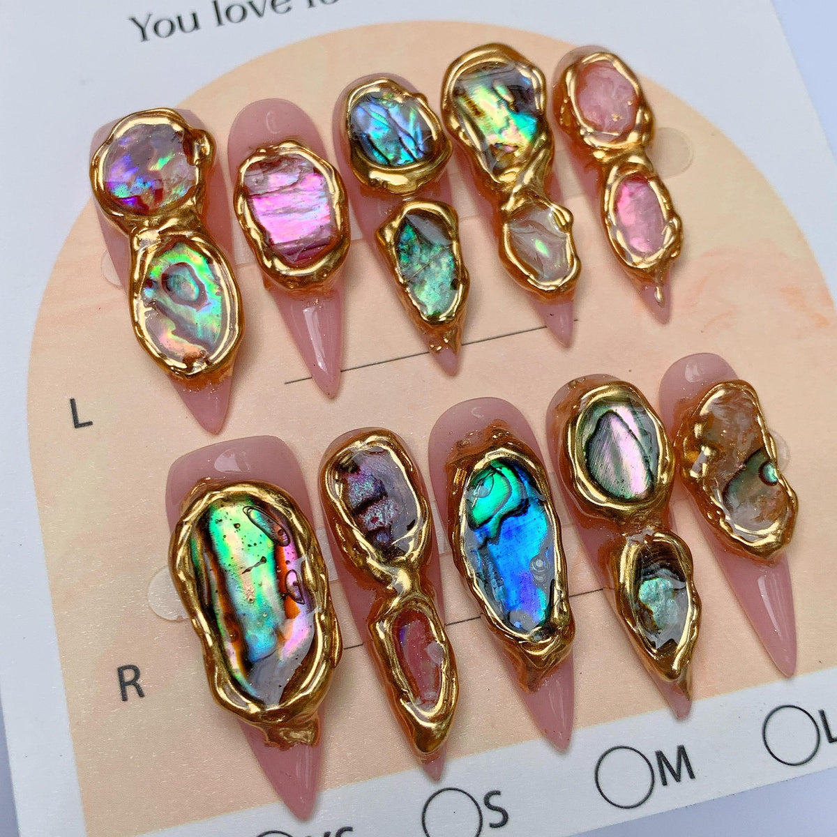 Dusty Pink Abalone Shell Press On Nails with Raised Gold Frames