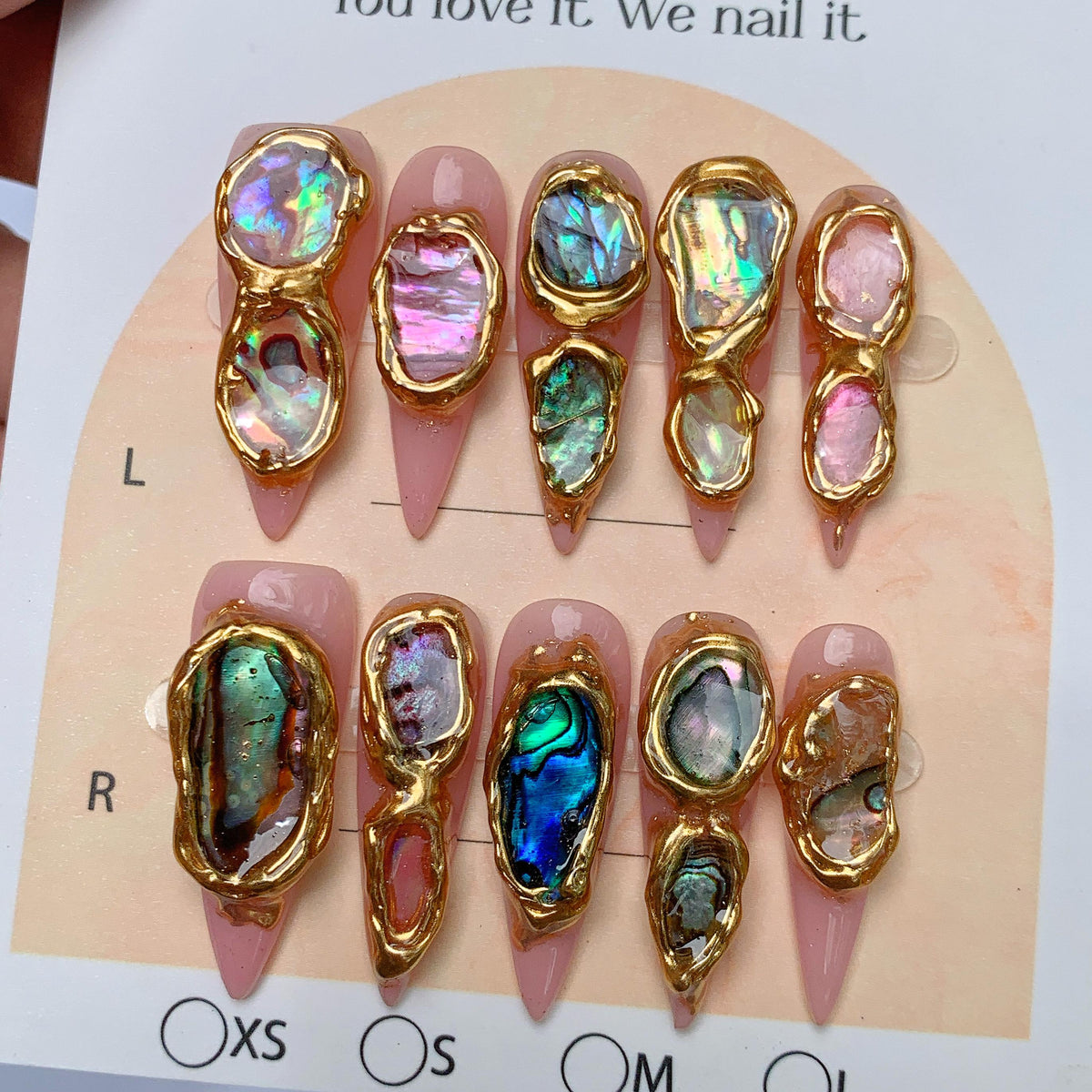 Dusty Pink Abalone Shell Press On Nails with Raised Gold Frames