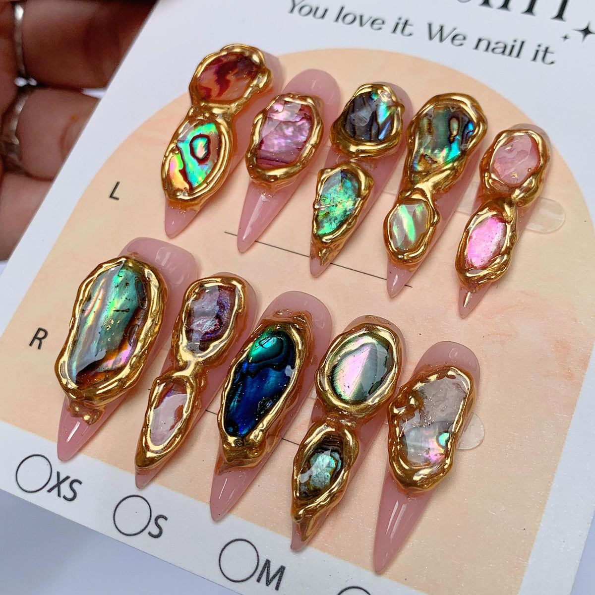 Dusty Pink Abalone Shell Press On Nails with Raised Gold Frames