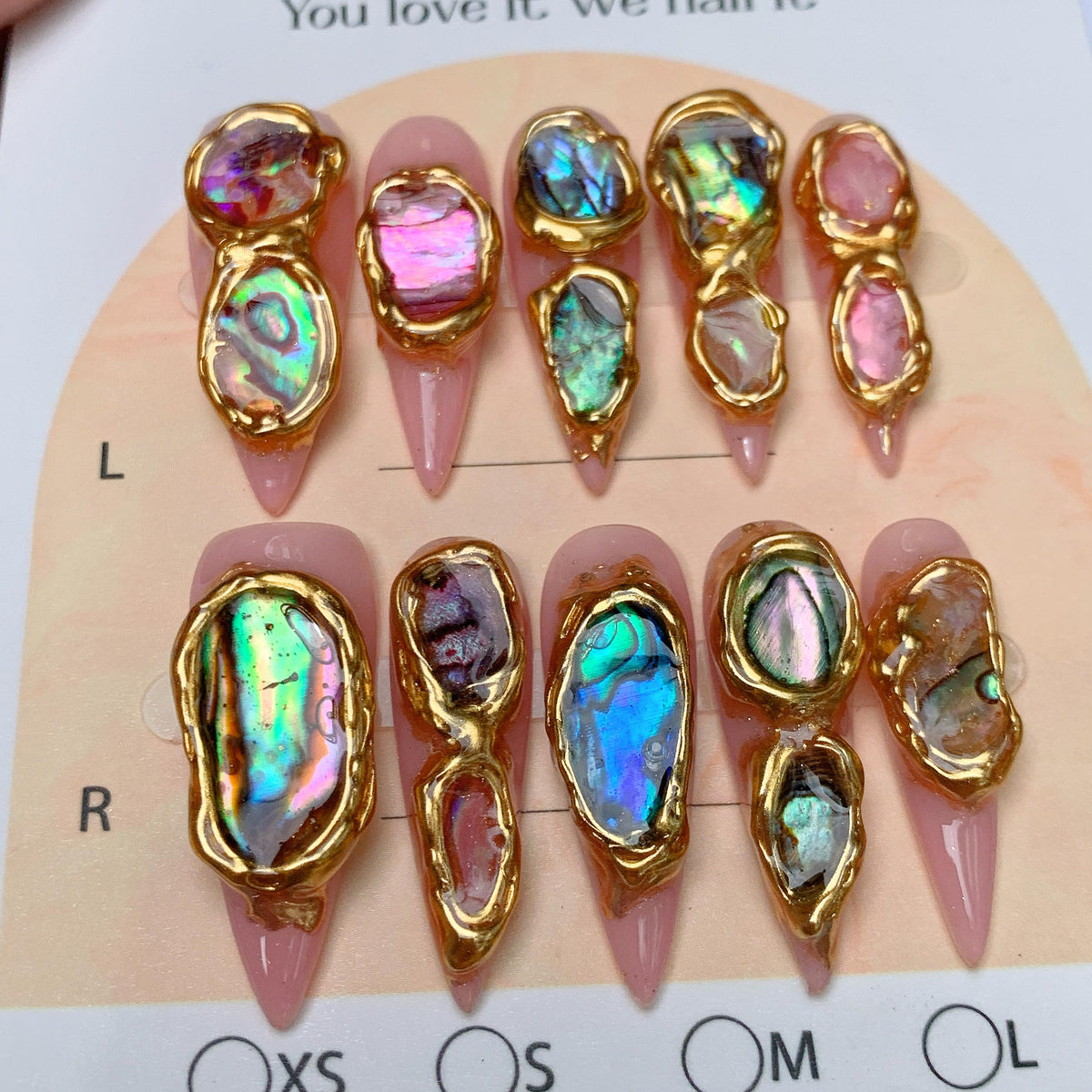 Dusty Pink Abalone Shell Press On Nails with Raised Gold Frames