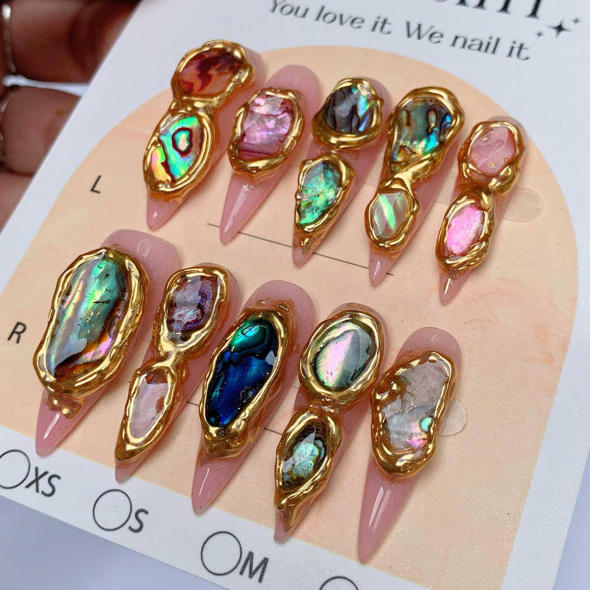 Dusty Pink Abalone Shell Press On Nails with Raised Gold Frames