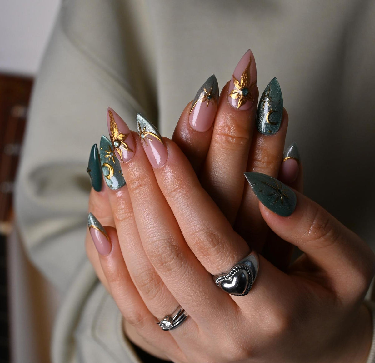 Dusty Pink and Aqua Celestial Nails with Gold Moons and Raised Floral Details
