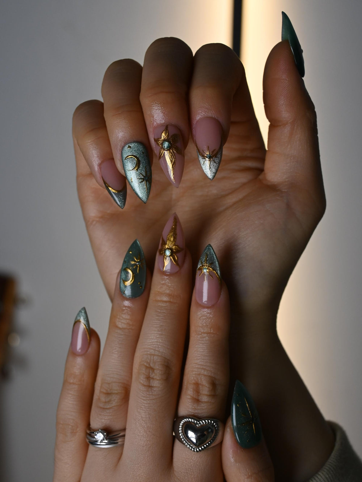 Dusty Pink and Aqua Celestial Nails with Gold Moons and Raised Floral Details