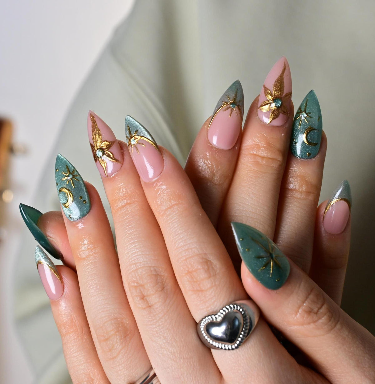 Dusty Pink and Aqua Celestial Nails with Gold Moons and Raised Floral Details