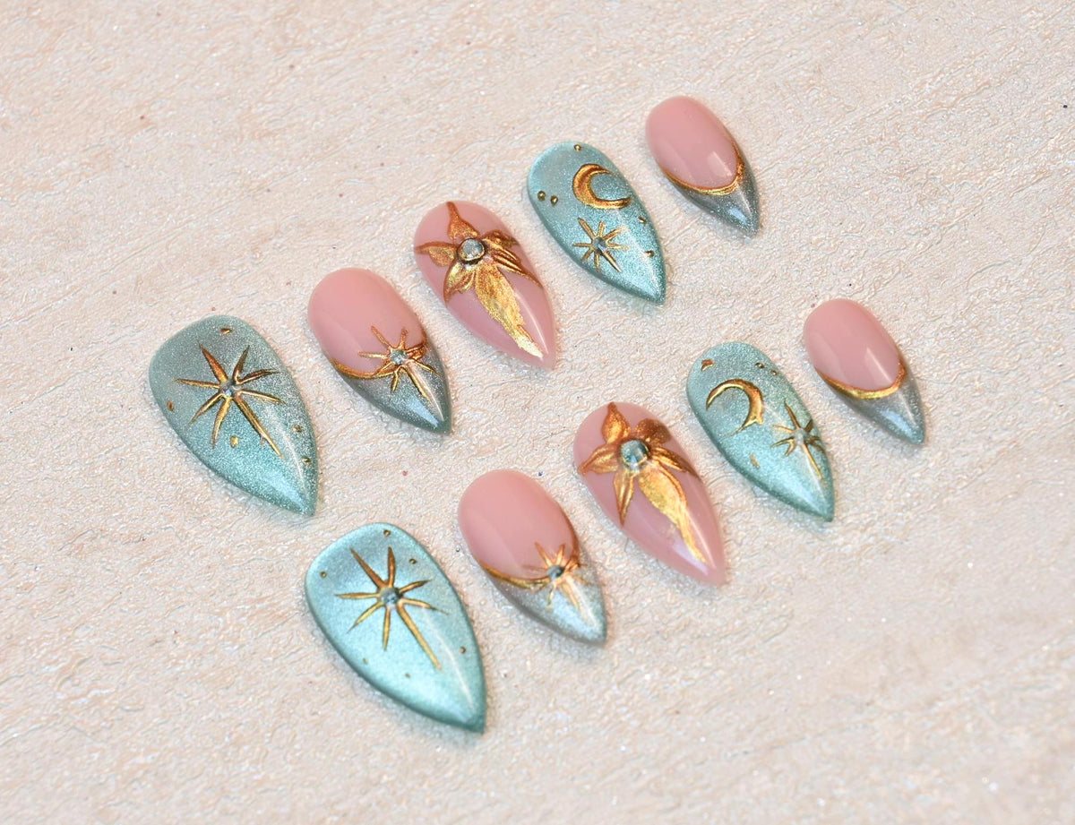 Dusty Pink and Aqua Celestial Nails with Gold Moons and Raised Floral Details