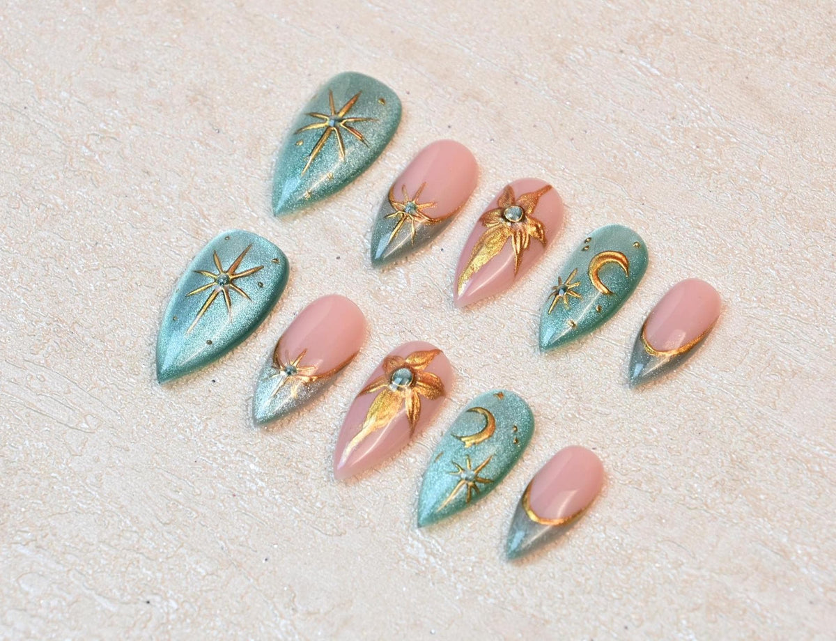 Dusty Pink and Aqua Celestial Nails with Gold Moons and Raised Floral Details