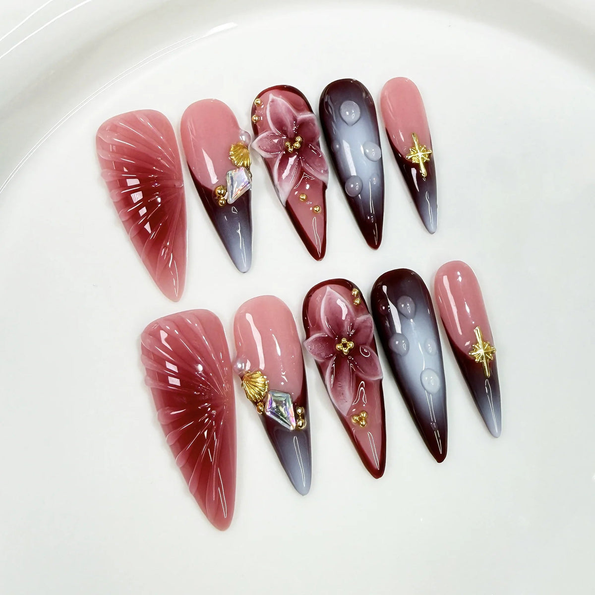 Dusty Pink and Burgundy Cat-Eye Nails With 3D Flowers and Gold Charms