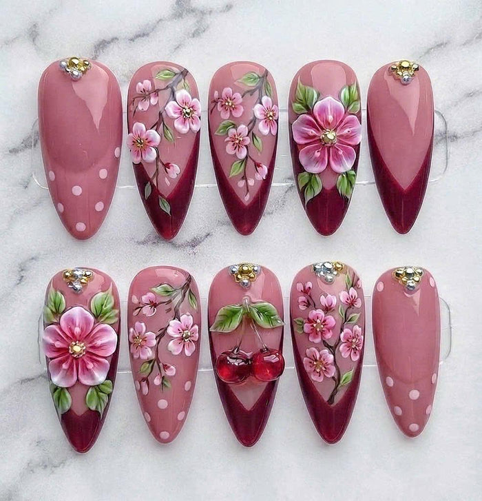 Dusty Pink and Burgundy Floral Cherry 3D French Tip Press-On Nails