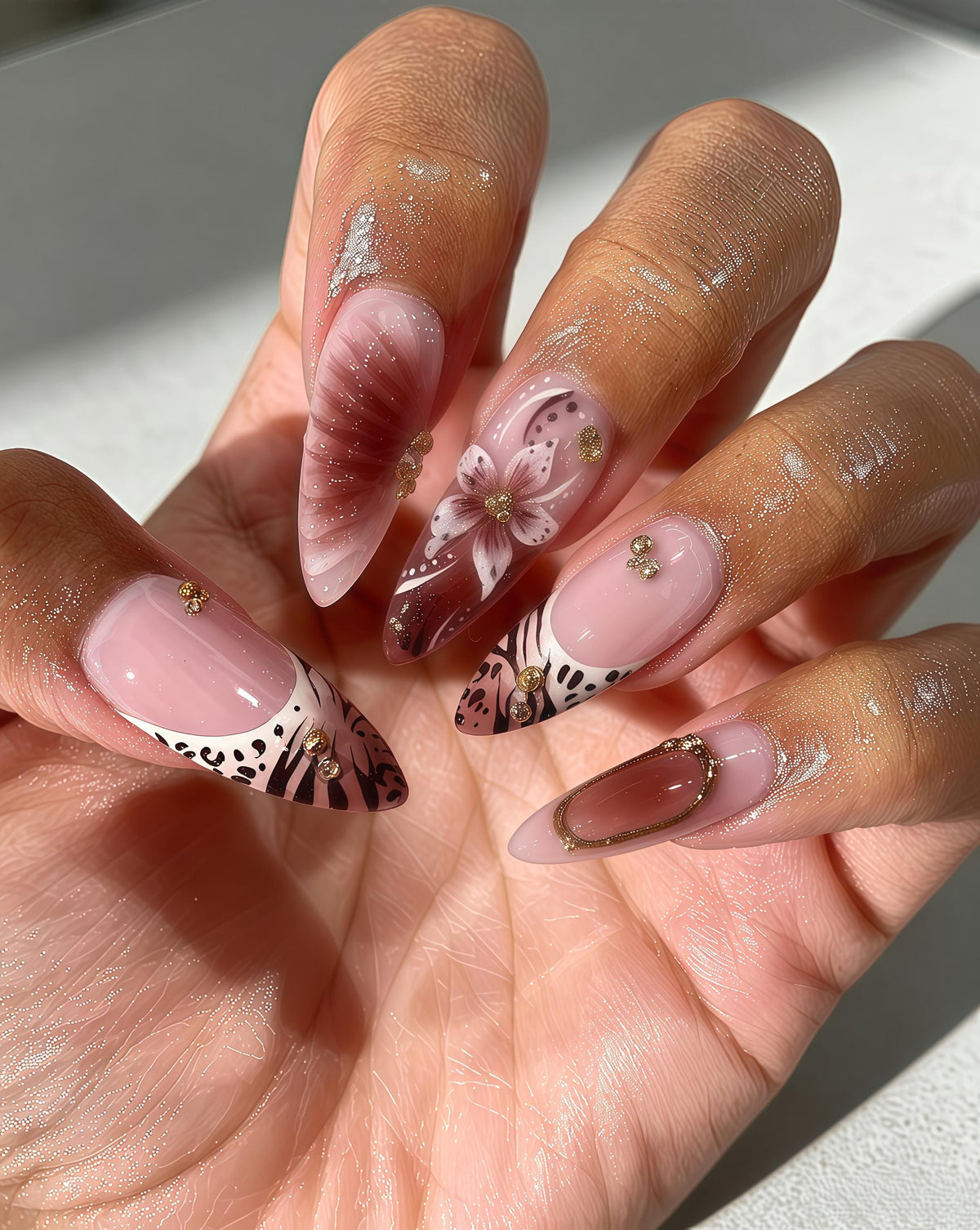 Dusty Pink and Nude Animal Print French Tip Nails With 3D Flower