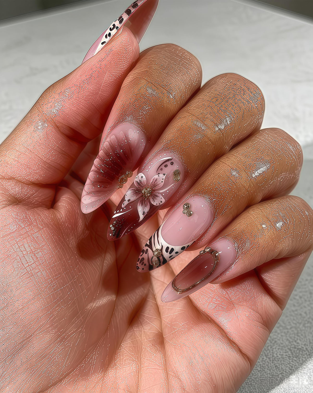 Dusty Pink and Nude Animal Print French Tip Nails With 3D Flower