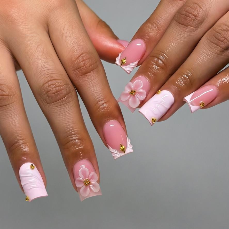 Dusty Pink and White 3D Flower Bridal Press On Nails with Gold Details