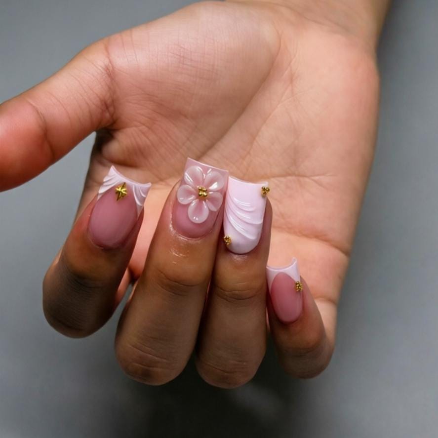 Dusty Pink and White 3D Flower Bridal Press On Nails with Gold Details