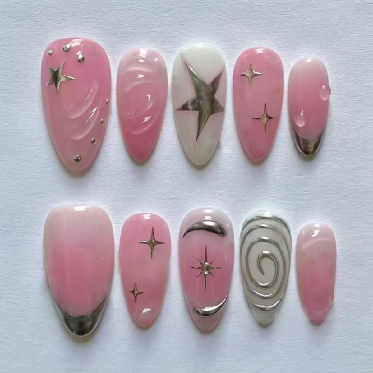 Dusty Pink and White French Tip Press On Nails with Silver Stars and Swirls