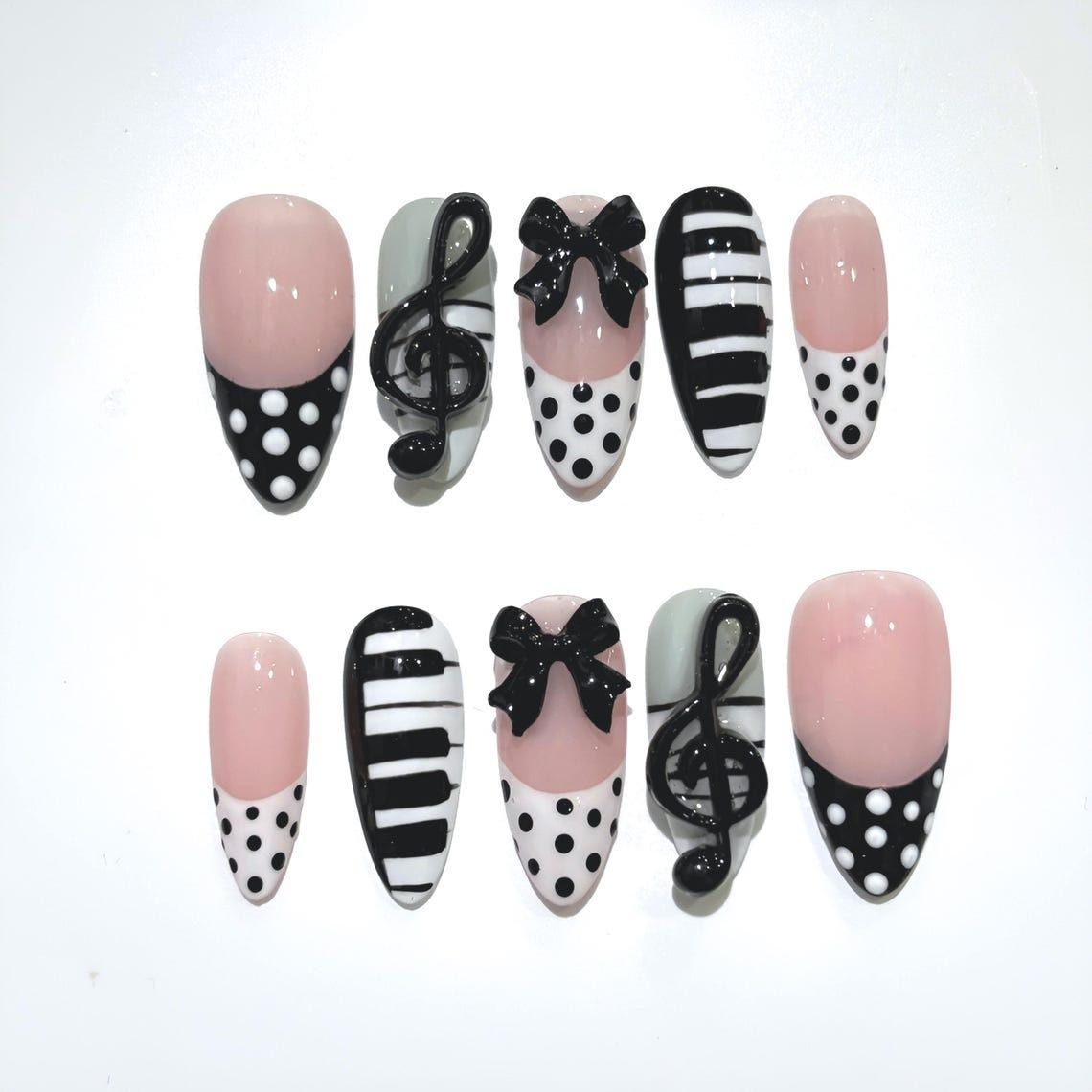 Dusty Pink, Black & White Piano Key Nails with 3D Treble Clefs and Bows