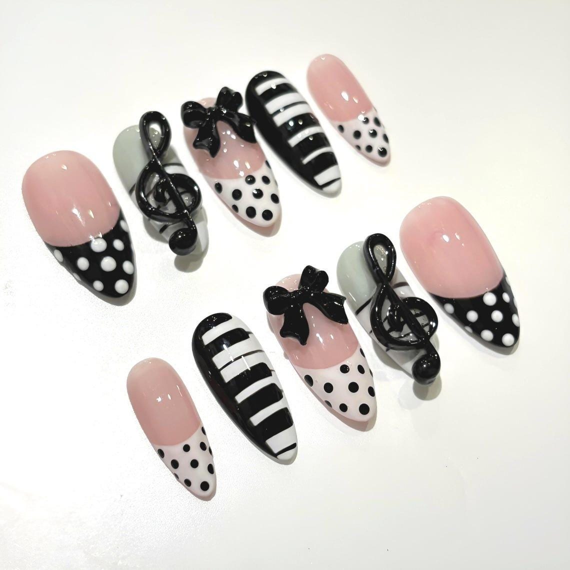 Dusty Pink, Black & White Piano Key Nails with 3D Treble Clefs and Bows