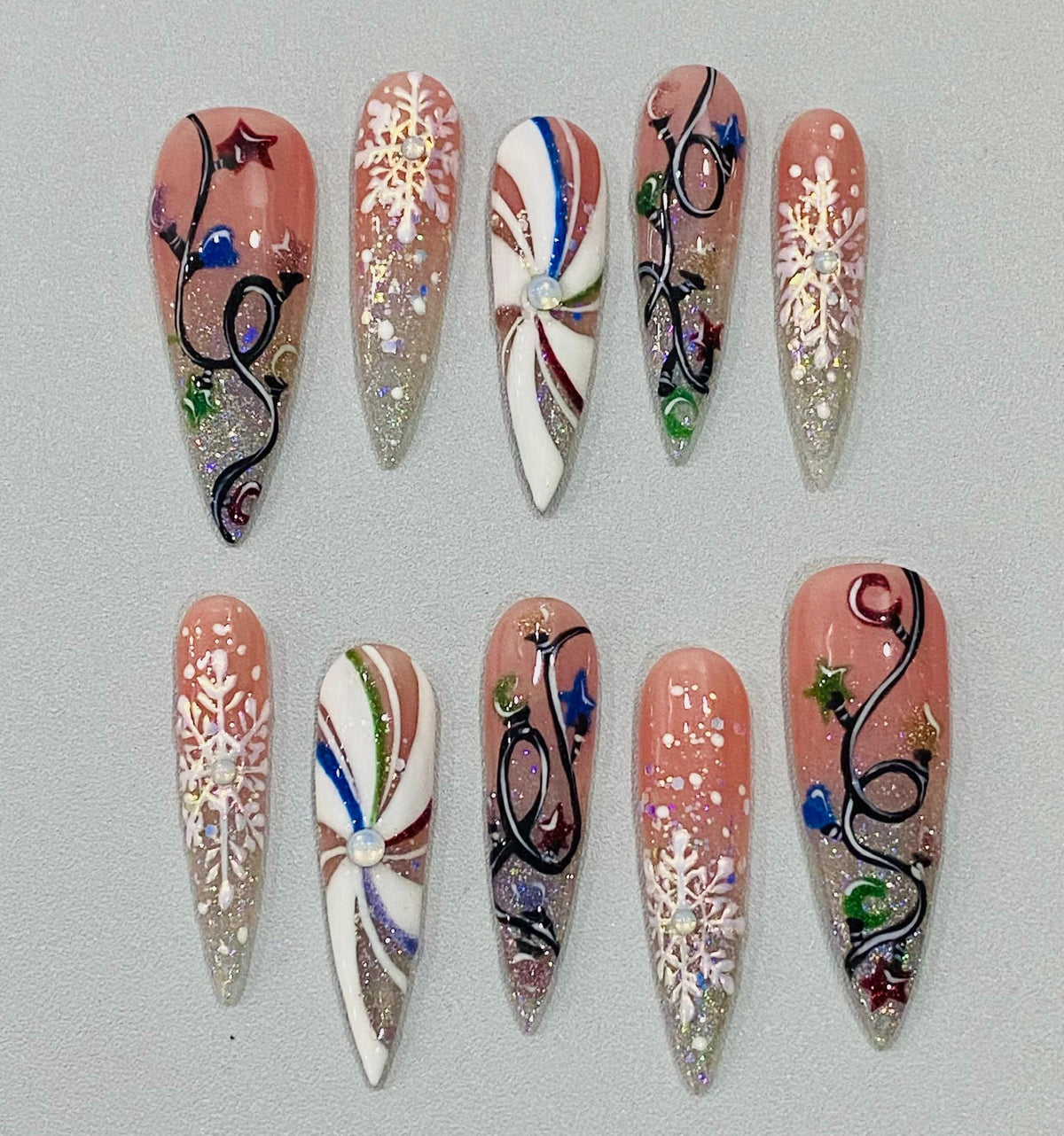 Dusty Pink Christmas Snowflake Nails With Holographic Glitter Tips