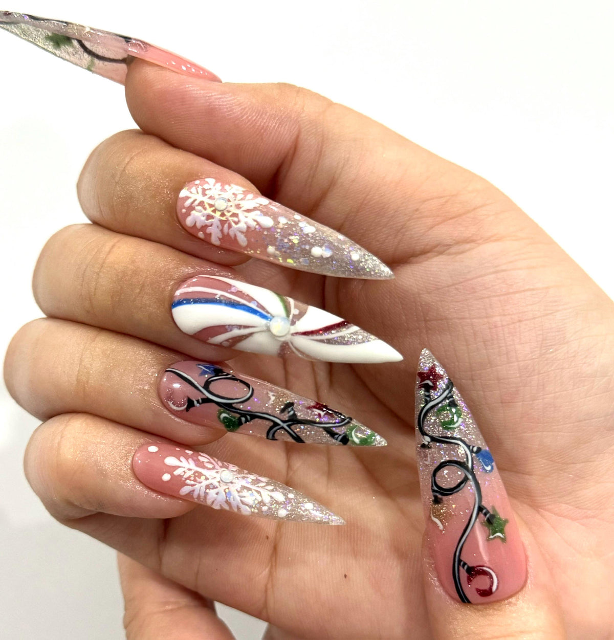 Dusty Pink Christmas Snowflake Nails With Holographic Glitter Tips