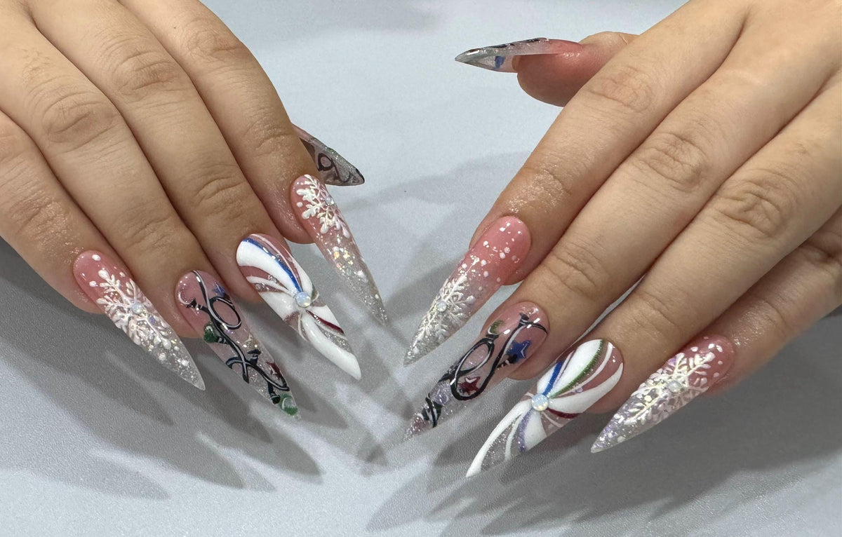 Dusty Pink Christmas Snowflake Nails With Holographic Glitter Tips