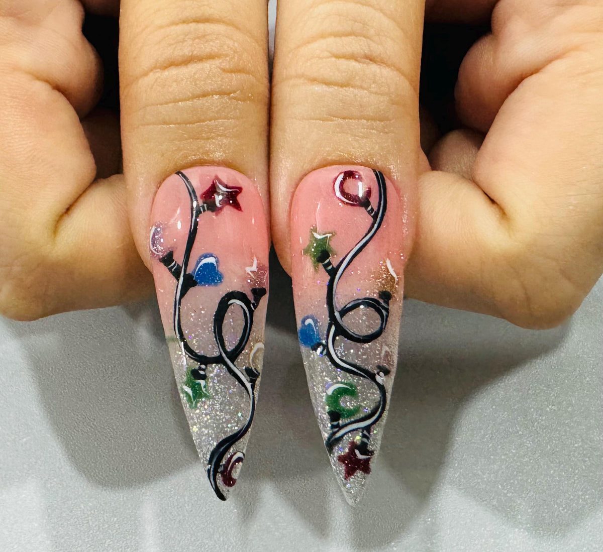 Dusty Pink Christmas Snowflake Nails With Holographic Glitter Tips