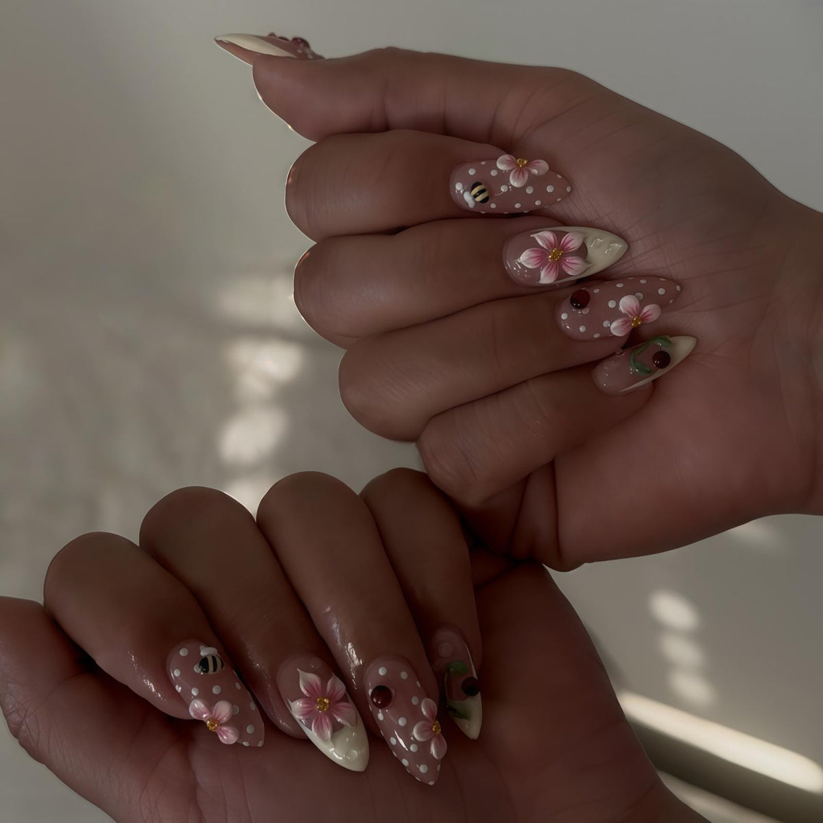 Dusty Pink Floral Nail Set with Cream Tips, Dots, Berries and Bee Details