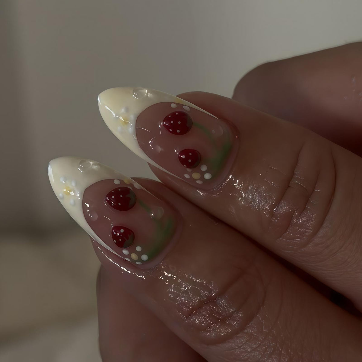 Dusty Pink Floral Nail Set with Cream Tips, Dots, Berries and Bee Details