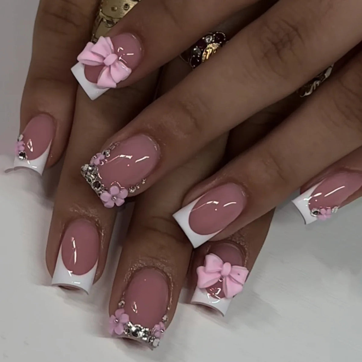 Dusty Pink French Tip Nails with 3D Bows, Flowers and Rhinestones